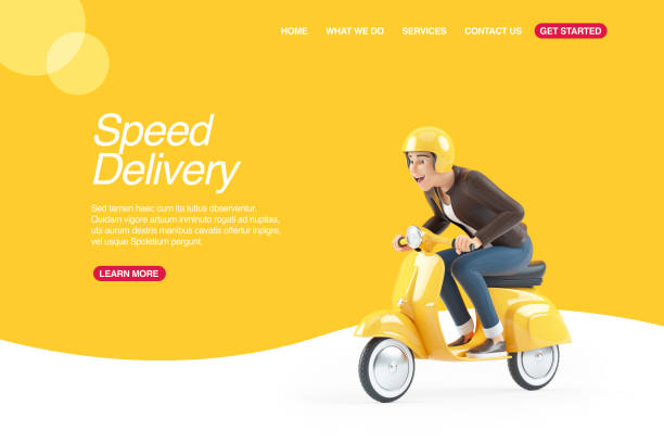 3d cartoon man riding a scooter web banner stock photo