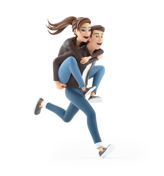 3d cartoon man running with woman on back stock photo