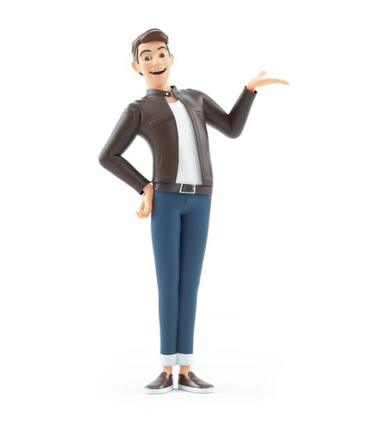 3d cartoon man showing something with his hand stock photo