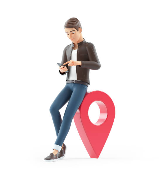 3d cartoon man using smartphone next to map pin stock photo