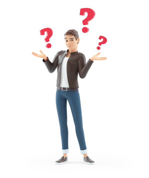 3d cartoon man with several questions stock photo