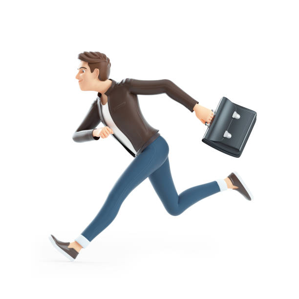 3d cartoon running with a briefcase stock photo