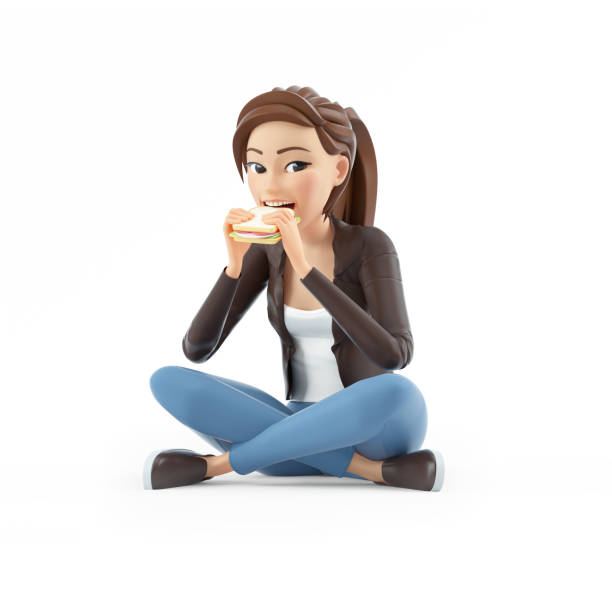3d cartoon woman eating sandwich sitting on floor stock photo