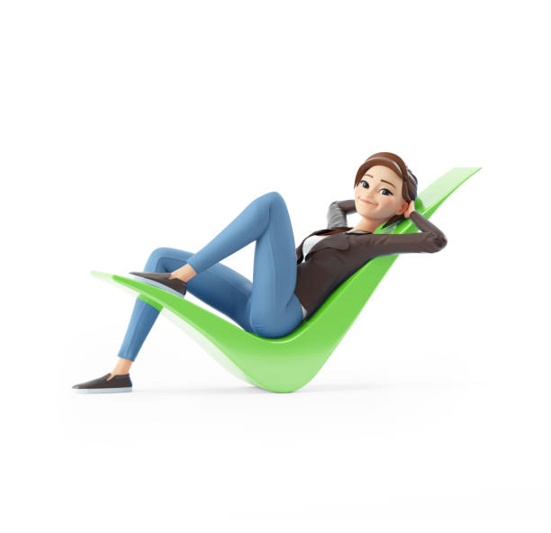 3d cartoon woman lying down on check mark stock photo