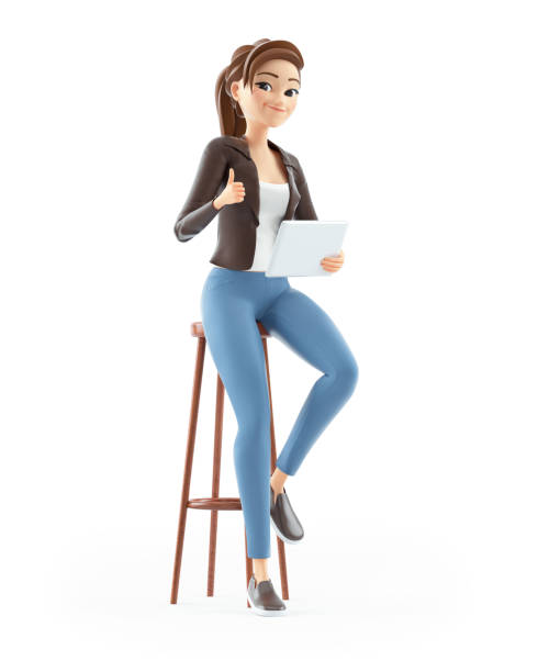 3d cartoon woman sitting with tablet and thumb up stock photo