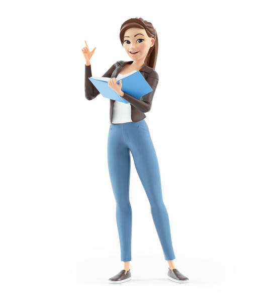 3d cartoon woman standing with book stock photo