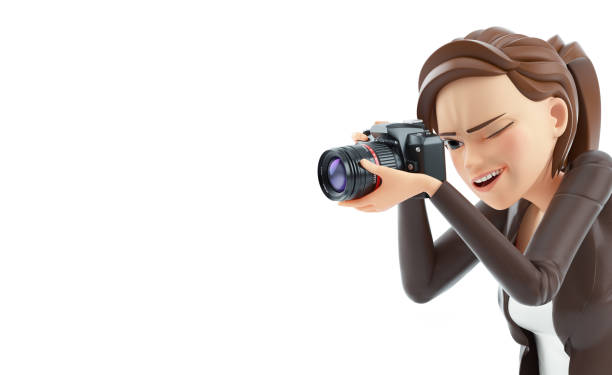 3d cartoon woman taking photo with camera stock photo