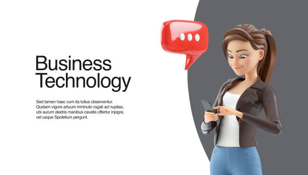 3d cartoon woman texting with smartphone web banner stock photo