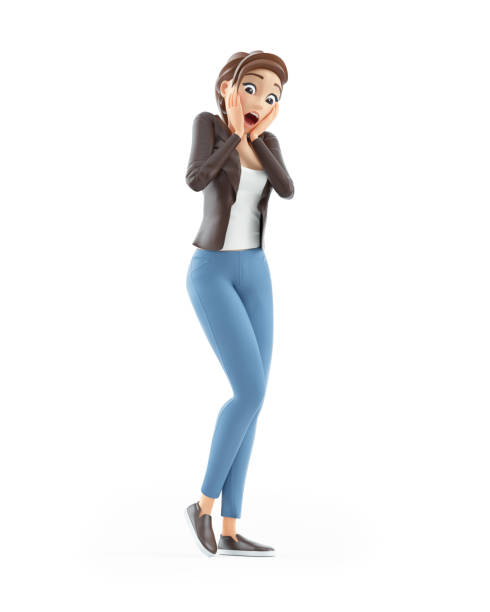 3d cartoon woman with shocked face stock photo