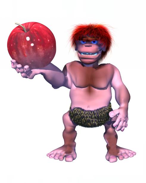 3d caveman character holding up an giant apple stock photo