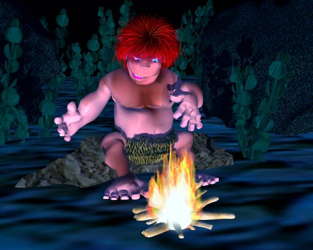 3d caveman holding discovering fire with full background stock photo
