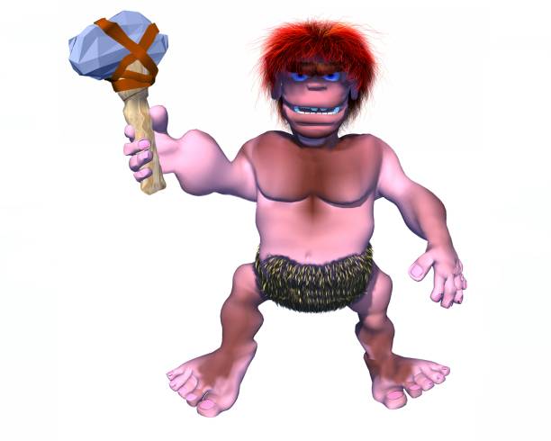 3d caveman holding up an axe hammer stock photo