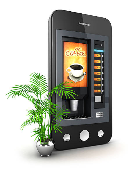 3 d kaffeemaschine smartphone - kaffeeautomat stock-fotos und bilder