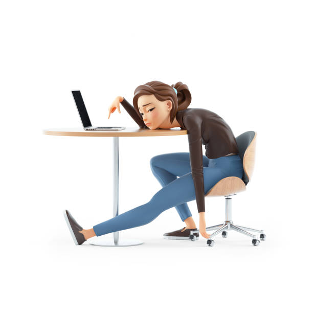 3d exhausted cartoon woman leaning on her desk stock photo