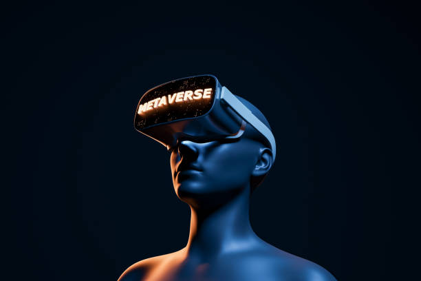futuristische 3d-frau mit metaverser vr-brille - metaverse stock-fotos und bilder