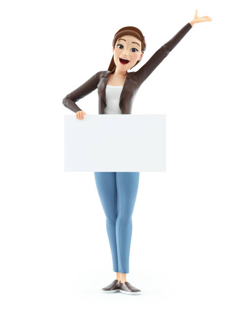 3d happy cartoon woman holding placard stock photo