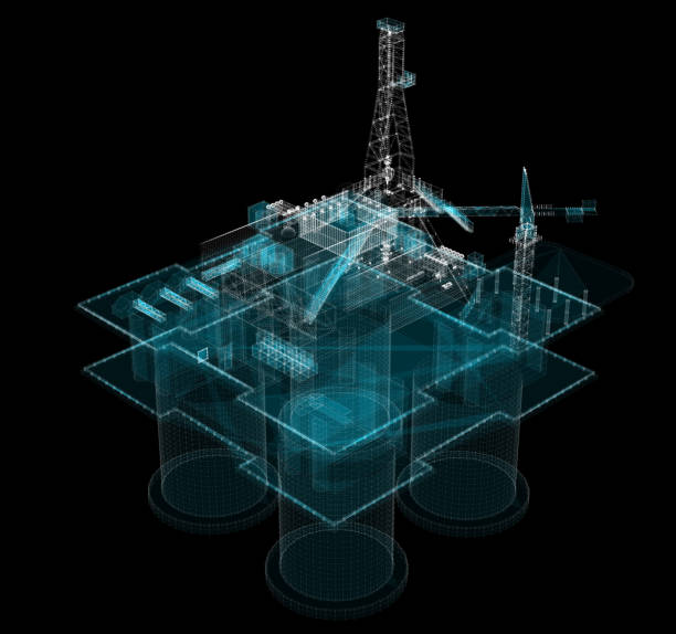 3d hologram of offshore oil platform of particles stock photo