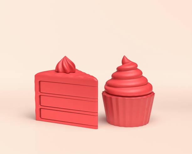 3d icon dessert, cupcake and slice of cake, monochrome solid red color on light background, Miniature plastic style sweets, 3d Rendering 3d icon dessert, monochrome solid red color on light background, Miniature plastic style sweets, 3d Rendering, unhealthy cute turkey cupcakes stock pictures, royalty-free photos & images
