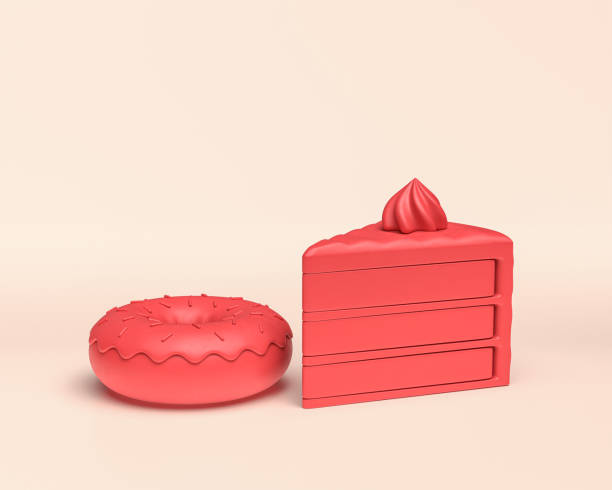 3d icon dessert, donut and slice of cake, monochrome solid red color on light background, Miniature plastic style sweets, 3d Rendering 3d icon dessert, monochrome solid red color on light background, Miniature plastic style sweets, 3d Rendering, unhealthy cute turkey cupcakes stock pictures, royalty-free photos & images