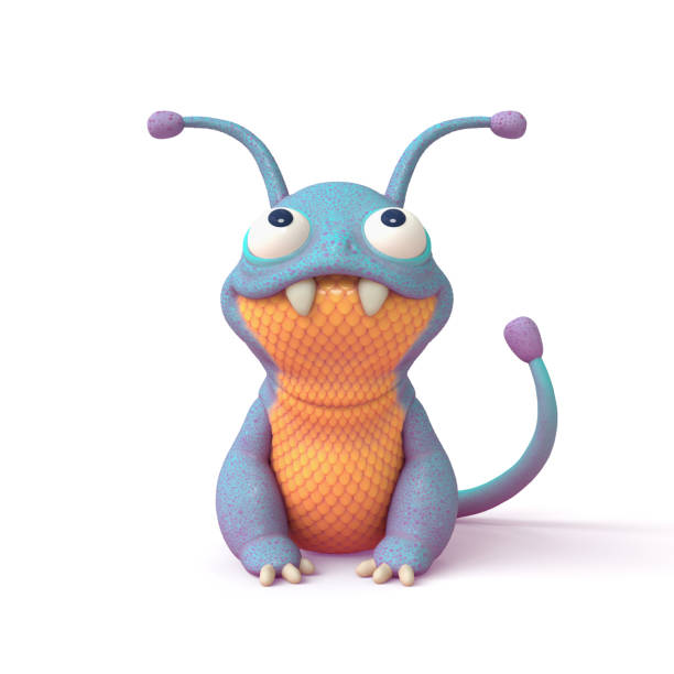 3d illustration of a cute little cartoon blue monster with a yellow belly sitting on white background. Concept art character of smiling frog mutant. Alien creature. Funny monster dragon with big teeth monster fictional character photos stock pictures, royalty-free photos & images