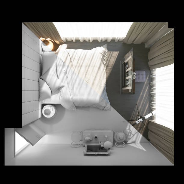 illustrazione 3d dell'interior design della camera da letto. rendering 3d degli interni della camera da letto prima e dopo la testurizzazione - floor top view foto e immagini stock