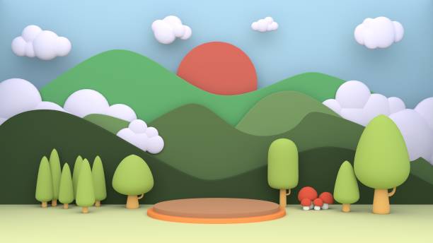 ilustração 3d de cartoon verde pequena montanha florestal e sol nublado - tree 3d - fotografias e filmes do acervo