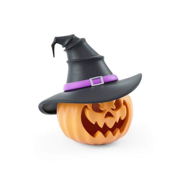 3d illustration of halloween pumpkin wearing hat stock photo