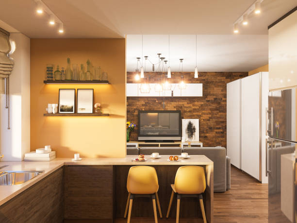 ilustração 3d do interior design da cozinha em estilo escandinavo moderno. - amarelo - fotografias e filmes do acervo