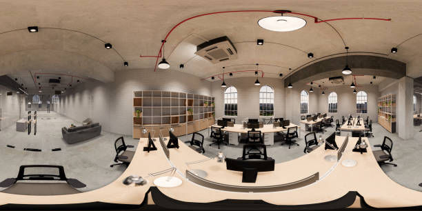 3d illustration spherical 360 vr degrees, a seamless panorama of the room and office. interior design 3d rendering.reception in a modern panoramic office - panorâmica imagens e fotografias de stock