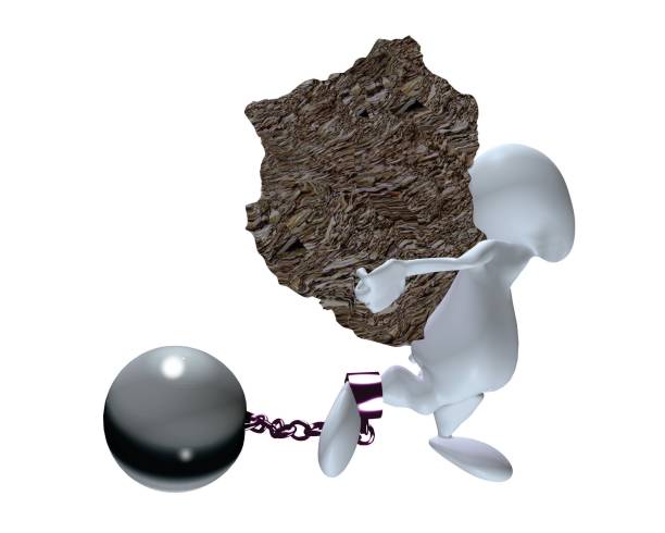 A 3d man carrying a heavy load with ball and chain. stock photo