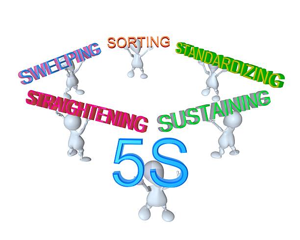 3d man crew assembling the 5s business principles concepts stock photo