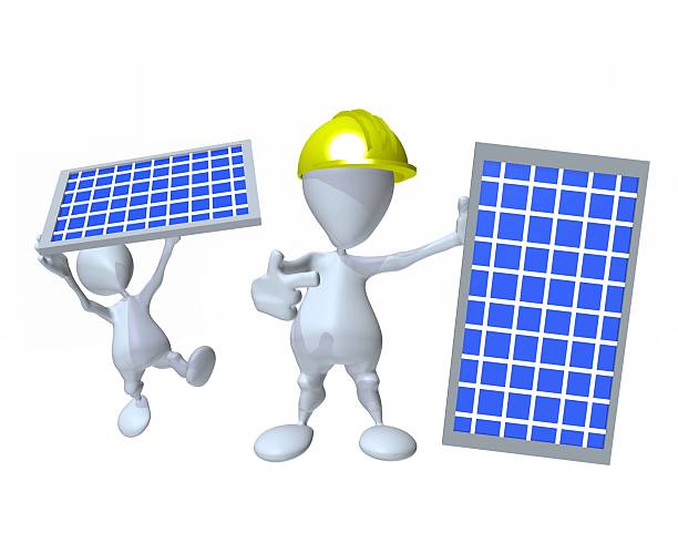3d man crew installing solar energy and clean power stock photo