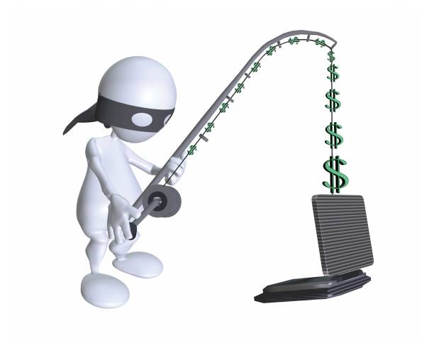 3d man demonstrating fhishing online and money theft using a fishing rod stock photo