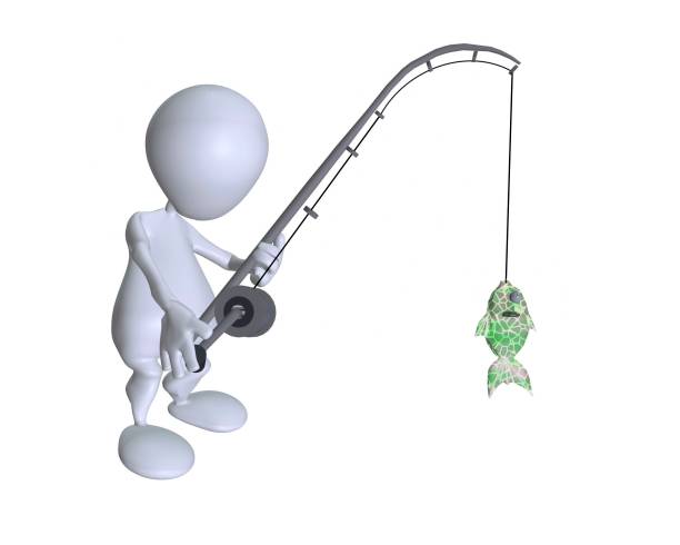 A 3d man fishing and catching a fish stock photo