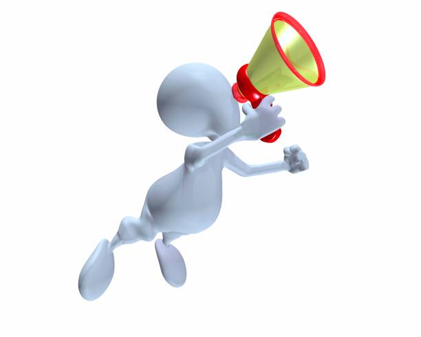 A 3d man jumping and shouting an announcement using a megaphone stock photo
