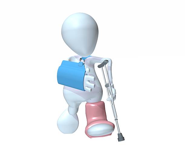 3d man on crutches wearing arm sling and foot cast stock photo
