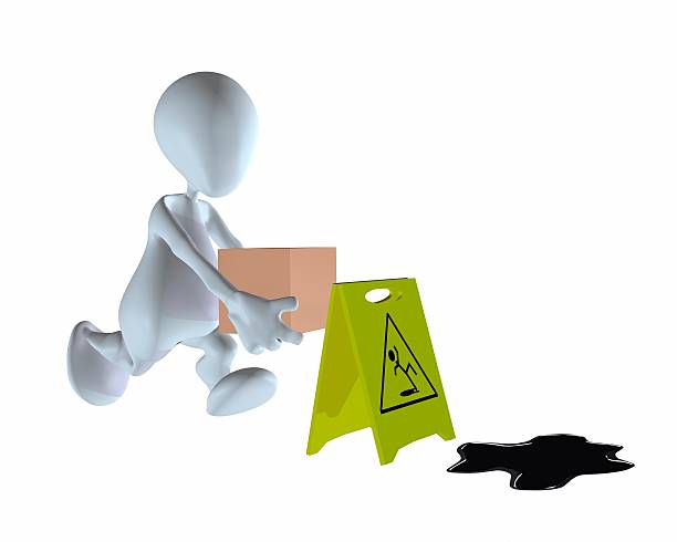 3d man walking past wet floor with warning sign stock photo