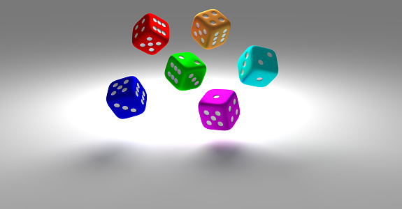 3d modern six colorful dice red blue light blue green yellow pink magenta