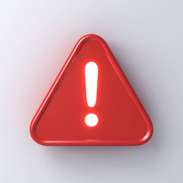 3d rot hazard warnzeichen aufmerksamkeitszeichen mit neon licht ausrufezeichen symbol symbol isoliert auf weißen wandhintergrund mit schatten - alarm stock-fotos und bilder