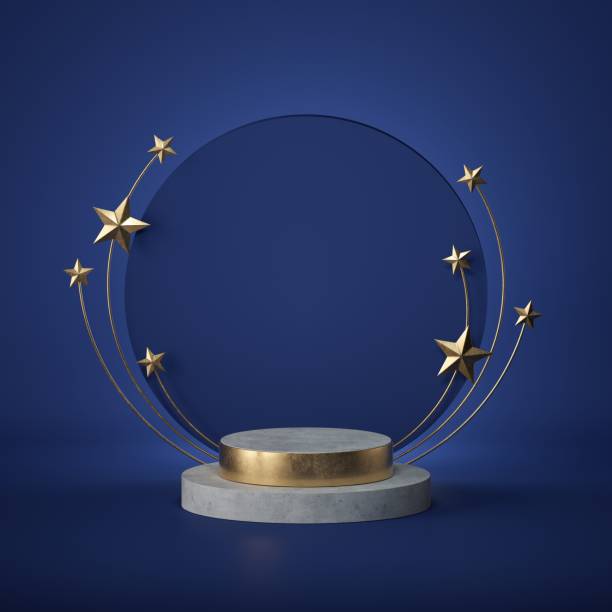 3d render. Abstract background. Round board, copy space, concrete cylinder steps, empty podium, vacant pedestal. Cosmic emblem. Award template, golden stars, isolated on blue background. Color of 2020 3d render. Abstract background. Round board, copy space, concrete cylinder steps, empty podium, vacant pedestal. Cosmic emblem. Award template, golden stars, isolated on blue background. Color of 2020 award stock pictures, royalty-free photos & images