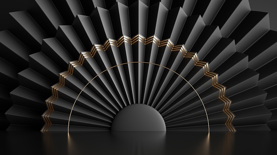3d render, abstract black background with decorative fan. Shop display, showcase for product presentation