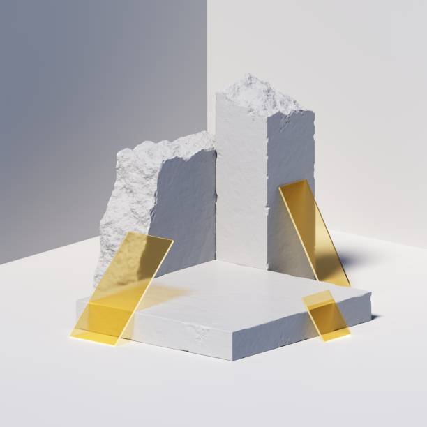 3d Render, Abstract Geometric Background With White Concrete Blocks, Broken Stone And Yellow Square Glass Pieces. Modern Minimal Showcase Scene With Empty Podium For Product Presentation