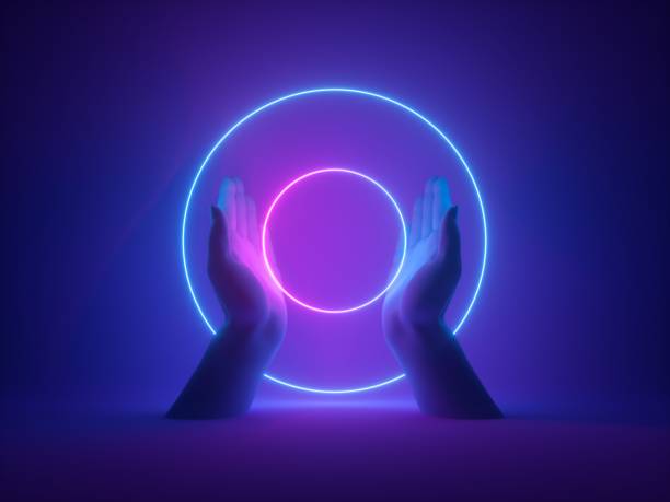 3d render, abstract minimal neon background, mannequin hands holding pink blue glowing rings, round shape, witch occult ritual, halloween mockup, ultraviolet light, fashion concept 3d render, abstract minimal neon background, mannequin hands holding pink blue glowing rings, round shape, witch occult ritual, halloween mockup, ultraviolet light, fashion concept halo laser stock pictures, royalty-free photos & images