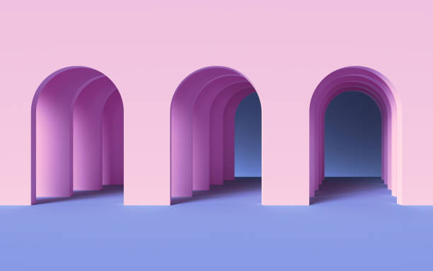 3d-render, abstrakte minimalistischen geometrischen hintergrund, architektonisches konzept, bogen in rosa wand, papierschichten - bogen architektonisches detail stock-fotos und bilder