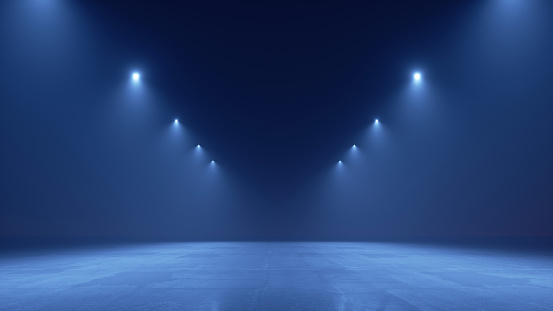 3d render. Abstract modern minimal blue background illuminated with spotlights. Showcase scene for product presentation, empty stage for performance