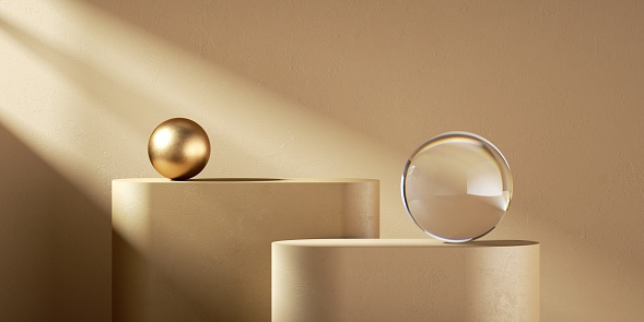 3d render, abstract monochrome beige background with sunlight rays. Modern minimal showcase scene with two podiums, golden sphere and glass ball