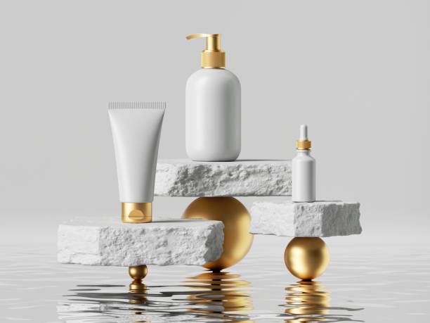 3d render, abstract skin care products presentation. White assorted cosmetics bottles and jars placed on rough cobblestone platforms on golden balls. Minimal blank package mockup, commercial showcase  cosmetic packaging stock pictures, royalty-free photos & images