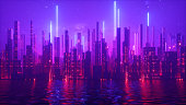 istock 3d render, abstract urban futuristic background. Cityscape with neon light, starry night sky and water 1314616897