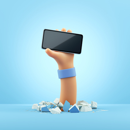 istock 3d render, mano de personaje de dibujos animados sostiene negro brillante teléfono inteligente maqueta con pantalla en blanco. Clip art aislado sobre fondo azul claro 1277414308