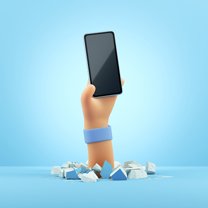 istock 3d render, mano de personaje de dibujos animados sostiene negro brillante teléfono inteligente maqueta con pantalla en blanco. Clip art aislado sobre fondo azul claro 1277414386